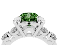 Fancy Green Cushion Cut Diamond Floral Halo Ring Set in White gold with Shared Prong Band