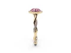 Fancy Pink Round Cut Diamond Halo Twist Band Solitaire Ring Set in Yellow gold with Prong Setting