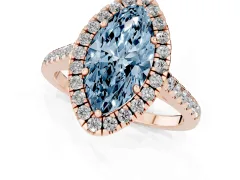 Fancy Blue Marquise Cut Diamond Pavé Halo Engagement Ring Set in Rose gold with Pavé Band and Prong Setting