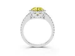 Fancy Yellow Round Cut Diamond Halo Ring Set in White gold with Pavé Shoulders and Halo-Framed Center