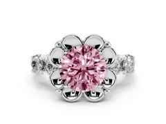 Fancy Pink Round Cut Diamond Floral Halo Ring Set in Silver with Shared Prong Band