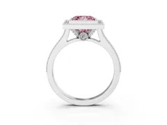 Fancy Pink Princess Cut Diamond Halo Milgrain Pavé Band Ring Set in White gold with Prong Setting