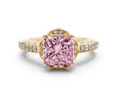 Fancy Pink Princess Cut Diamond Halo Ring Set in Yellow gold with Channel Set Band and Prong Setting