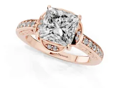 Princess Cut Diamond Halo Ring Set in Rose gold with Channel Set Band and Prong Setting
