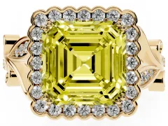 Fancy Yellow Asscher Cut Diamond Halo Ring Set in Yellow gold with Leaf Motif Split Shank and Prong Setting