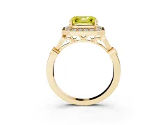Fancy Yellow Asscher Cut Diamond Halo Engagement Ring Set in Yellow gold with Twisted Band and Prong Setting