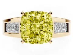 Fancy Yellow Cushion Cut Diamond Solitaire Ring Set in Yellow gold with Channel-Set Accent Stones and Prong Setting