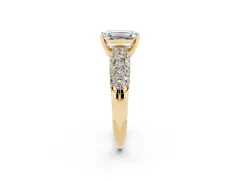 Emerald Cut Diamond Pavé Band Solitaire Ring Set in Yellow gold with Close-Set Accent Stones and Prong Setting