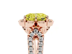 Fancy Yellow Radiant Cut Diamond Floral Halo Split Shank Engagement Ring Set in Rose gold with Pavé Shank