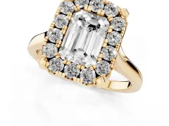 Emerald Cut Diamond Cluster Halo Solitaire Ring Set in Yellow gold with Prong Setting