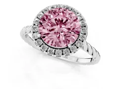 Fancy Pink Round Cut Diamond Halo Ring Set in White gold with Plain Twisted Band