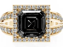 Fancy Black Asscher Cut Diamond Halo Ring Set in Yellow gold with Double Pavé Split Shank