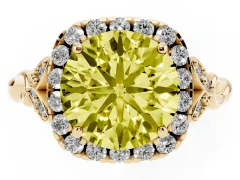 Fancy Yellow Round Cut Diamond Halo Engagement Ring Set in Yellow gold with Vintage-Inspired Band and Prong Setting