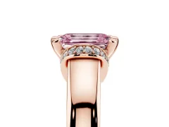 Fancy Pink Emerald Cut Diamond Pavé Band Solitaire Ring Set in Rose gold with Prong Setting