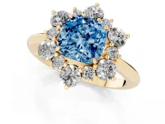 Fancy Blue Cushion Cut Diamond Cluster Halo Ring Set in Yellow gold with Solitaire Band and Prong Setting