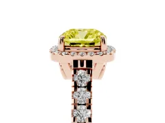 Fancy Yellow Cushion Cut Diamond Halo Engagement Ring Set in Rose gold with Pavé Band and Prong-Set Center