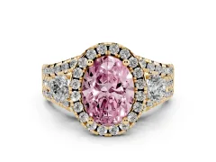 Fancy Pink Oval Cut Diamond Halo Split Shank Ring Set in Yellow gold with Round Accent Stones and Prong Setting