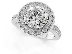 Round Cut Diamond Halo Ring Set in Platinum with Pavé Shank and Prong Setting