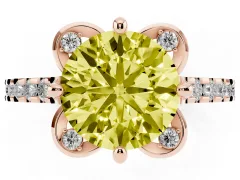 Fancy Yellow Round Cut Diamond Solitaire Ring Set in Rose gold with Pavé Band and Floral Prong Setting