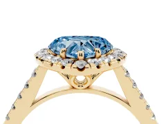 Fancy Blue Heart Cut Diamond Pavé Halo Engagement Ring Set in Yellow gold with Pavé Band and Prong Setting