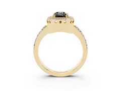 Fancy Black Emerald Cut Diamond Halo Ring Set in Yellow gold with Pavé Shank and Prong Setting
