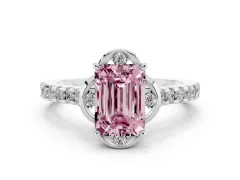 Fancy Pink Emerald Cut Diamond Solitaire Ring Set in Platinum with Pavé Band and Floral Prong Setting