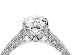 Oval Cut Diamond Solitaire Ring Set in White gold with Milgrain-Edged Pavé Band and Prong Setting