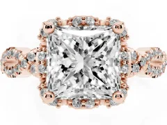 Princess Cut Diamond Halo Twist Band Solitaire Ring Set in Rose gold with Prong-Set Center Stone