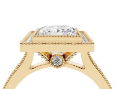 Princess Cut Diamond Halo Milgrain Pavé Band Ring Set in Yellow gold with Prong Setting