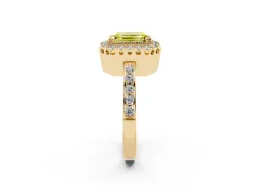 Fancy Yellow Emerald Cut Diamond Halo Ring Set in Yellow gold with Pavé Shank and Prong Setting