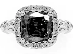 Fancy Black Cushion Cut Diamond Halo Ring Set in Silver with Filigree Leaf Band and Prong Setting