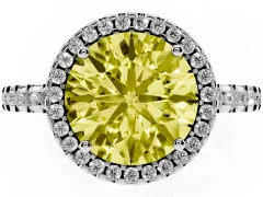 Fancy Yellow Round Cut Diamond Halo Ring Set in Platinum with Pavé Shoulders and Halo-Framed Center
