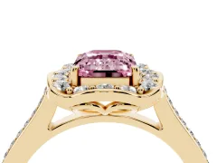 Fancy Pink Emerald Cut Diamond Halo Ring Set in Yellow gold with Pavé-Lined Shoulders and Prong Setting