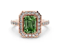 Fancy Green Emerald Cut Diamond Halo Ring Set in Rose gold with Pavé Shank and Prong Setting