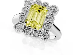 Fancy Yellow Emerald Cut Diamond Cluster Halo Ring Set in Silver with Milgrain Bezel Accents and Plain Band