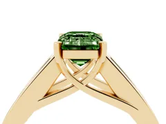 Fancy Green Emerald Cut Diamond Solitaire Ring Set in Yellow gold with Channel-Set Accent Stones and Prong Setting