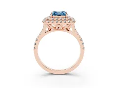 Fancy Blue Asscher Cut Diamond Double Halo Ring Set in Rose gold with Pavé Split Shank and Prong Setting