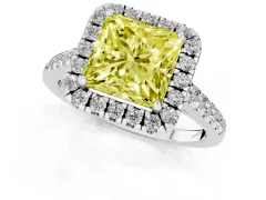Fancy Yellow Princess Cut Diamond Halo Pavé Engagement Ring Set in Platinum with Prong Setting