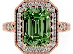 Fancy Green Emerald Cut Diamond Milgrain Halo Solitaire Ring Set in Rose gold with Bezel Set Side Stones and Pavé Band