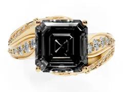 Fancy Black Asscher Cut Diamond Solitaire Ring Set in Yellow gold with Layered Twist Pavé Band