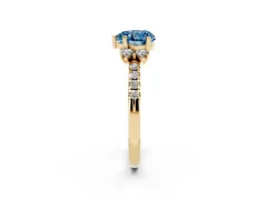 Fancy Blue Heart Cut Diamond Three-Stone Pavé Ring Set in Yellow gold with Prong Setting
