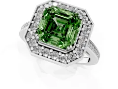 Fancy Green Asscher Cut Diamond Halo Ring Set in Platinum with Accent-Lined Split Shank and Prong Setting