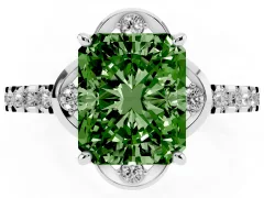 Fancy Green Radiant Cut Diamond Solitaire Ring Set in Platinum with Pavé Band and Floral Prong Setting
