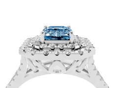 Fancy Blue Emerald Cut Diamond Double Halo Ring Set in Platinum with Pavé Split Shank and Prong Setting