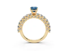 Fancy Blue Emerald Cut Diamond Solitaire Ring Set in Yellow gold with Shared Prong Pavé Band