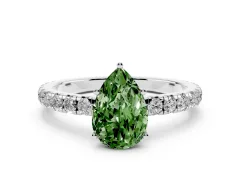 Fancy Green Pear Cut Diamond Pavé Solitaire Engagement Ring Set in White gold with Prong Setting