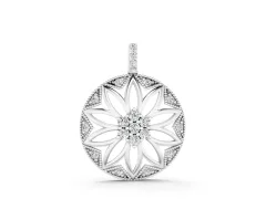Round Diamond Cluster Flower Pendant Set in White gold with Openwork Petals