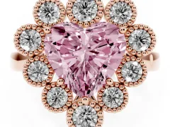 Fancy Pink Heart Cut Diamond Cluster Halo Ring Set in Rose gold with Milgrain Bezel Accents and Plain Band