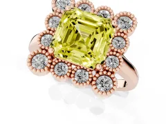 Fancy Yellow Asscher Cut Diamond Cluster Halo Ring Set in Rose gold with Milgrain Bezel Accents and Plain Band
