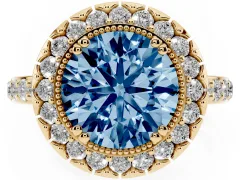 Fancy Blue Round Cut Diamond Halo Ring Set in Yellow gold with Pavé Shank and Prong Setting